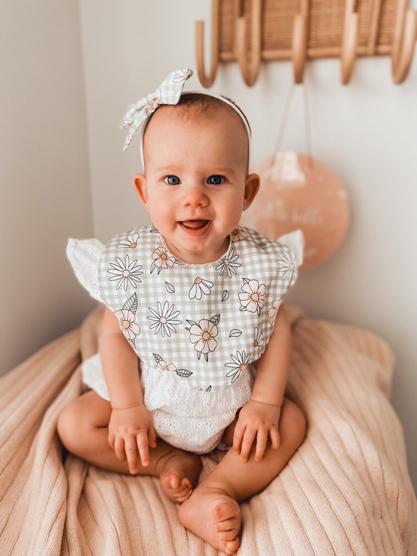 Adorable Baby Girl Bib, Scalloped Style Bib: Sage Gingham Floral