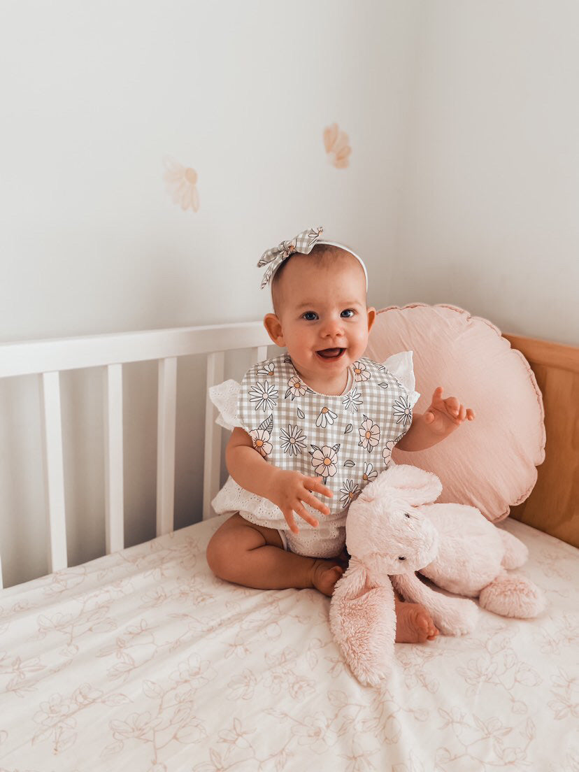 Adorable Baby Girl Bib, Scalloped Style Bib: Sage Gingham Floral