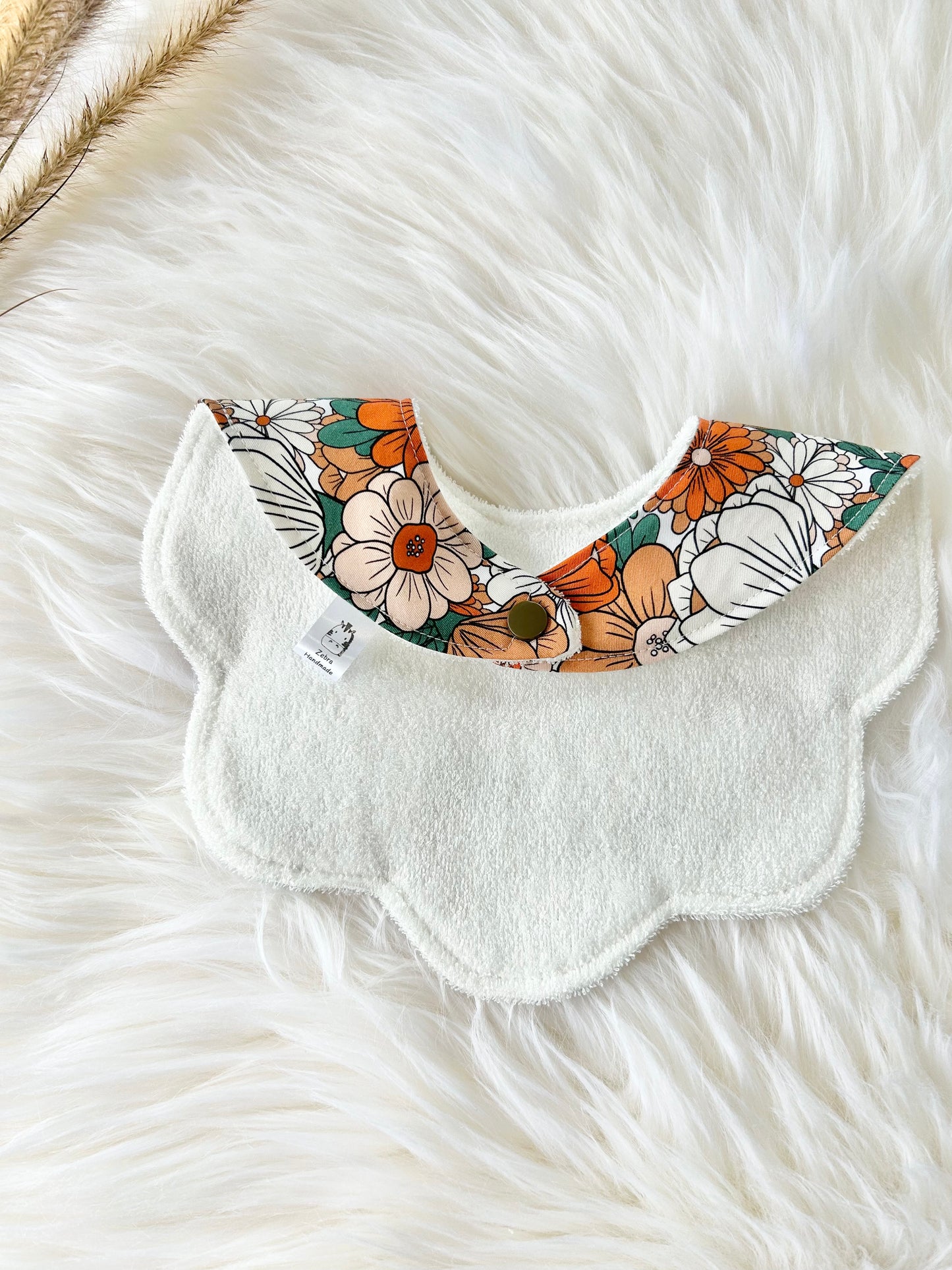 Adorable Baby Girl Bib, Scalloped Style Bib: Burnt Orange Floral