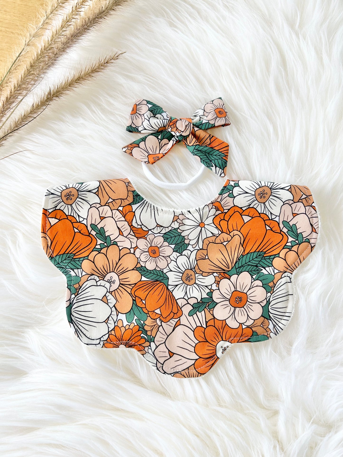 Adorable Baby Girl Bib, Scalloped Style Bib: Burnt Orange Floral