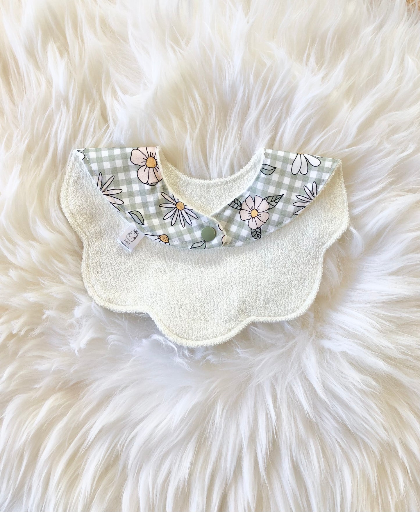 Adorable Baby Girl Bib, Scalloped Style Bib: Sage Gingham Floral