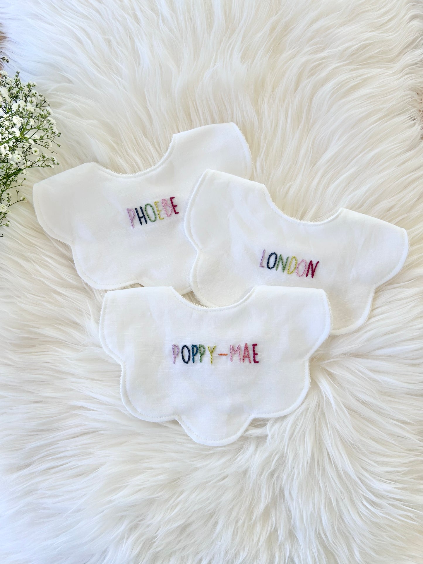 Adorable Personalised Baby Bib: White Cotton/Linen Scalloped Bib