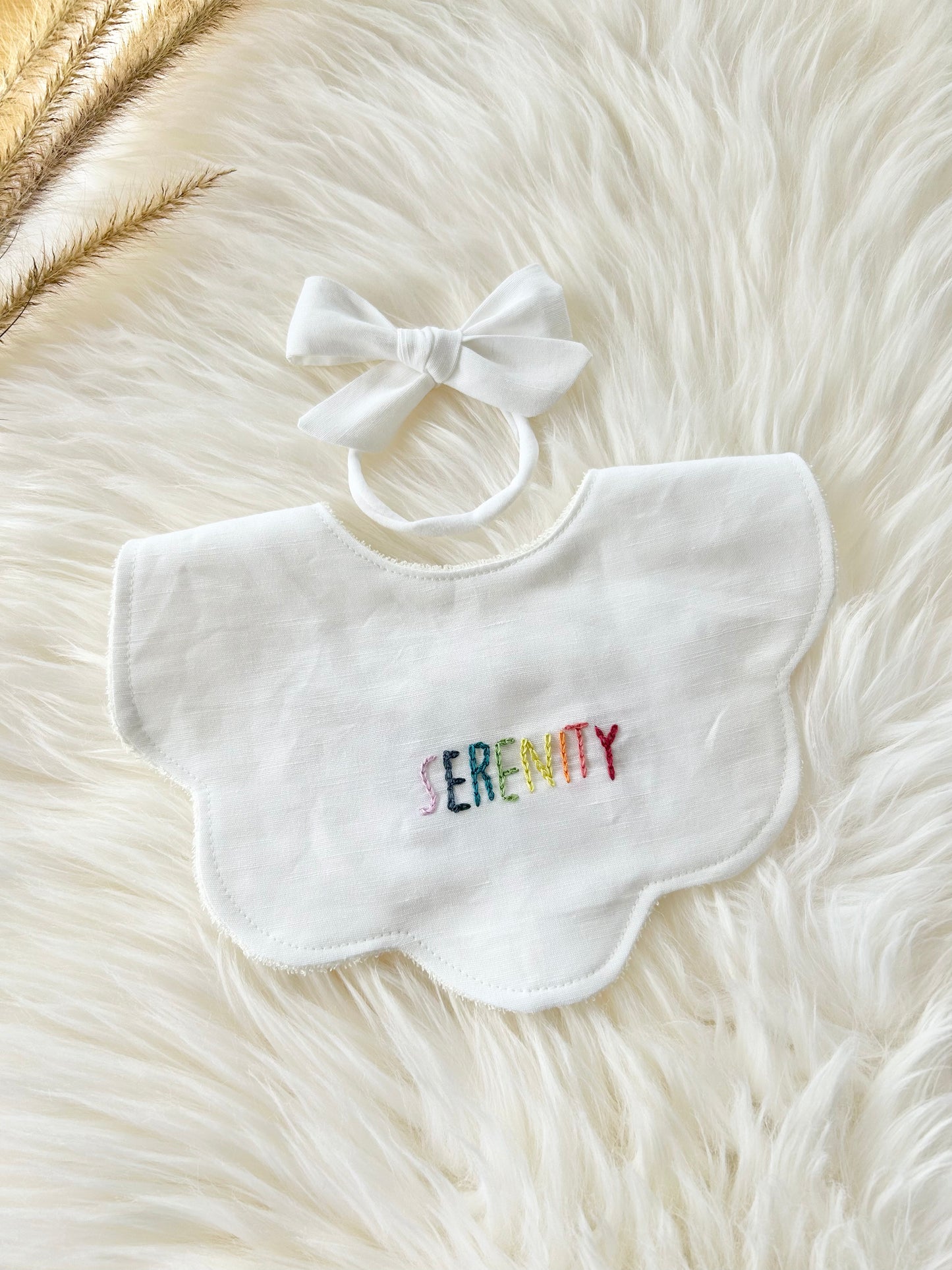 Adorable Personalised Baby Bib: White Cotton/Linen Scalloped Bib