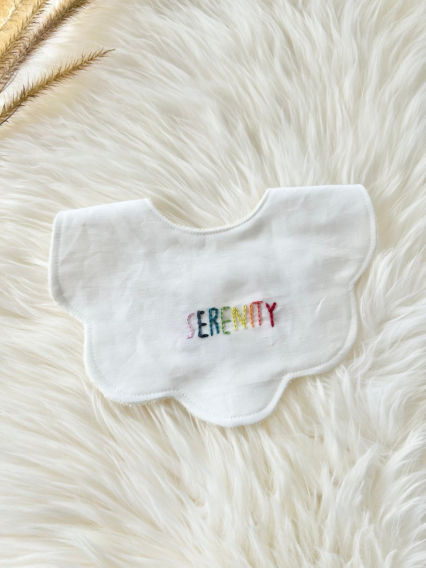 Adorable Personalised Baby Bib: White Cotton/Linen Scalloped Bib