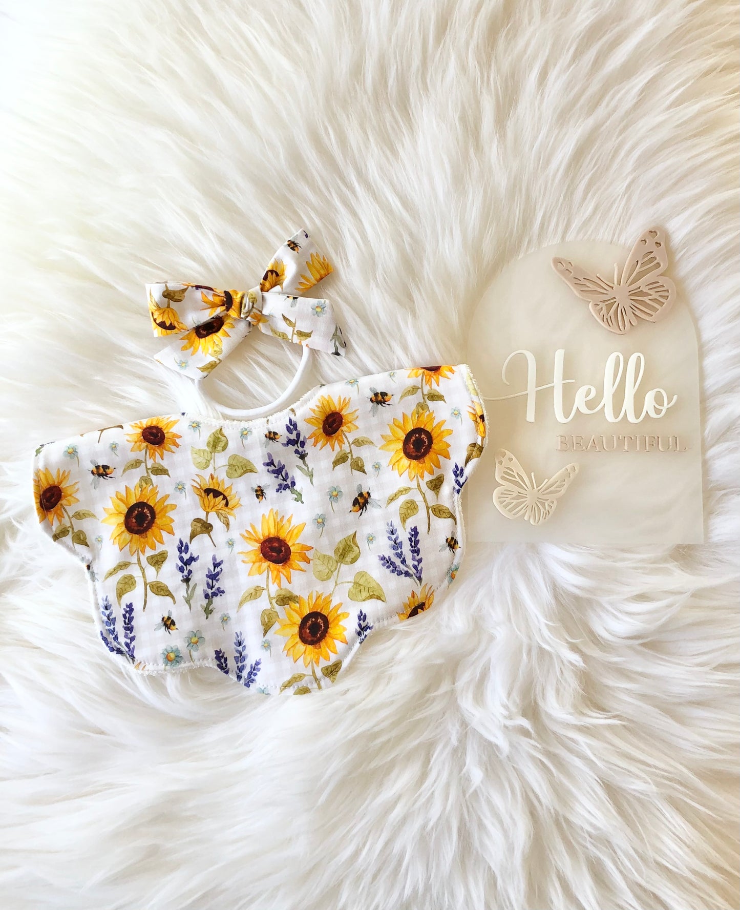 Adorable Baby Girl Bib, Scalloped Style Bib: Sunflower & Bee