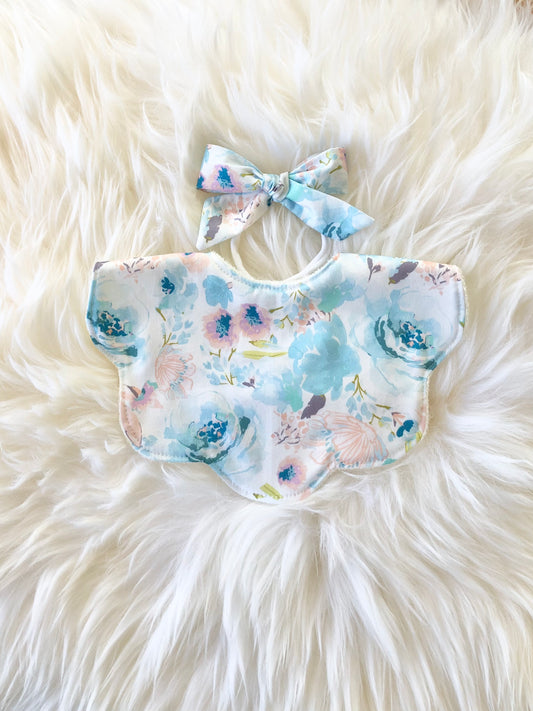 Adorable Baby Girl Bib, Scalloped Style Bib: Indy Bloom Blue Floral