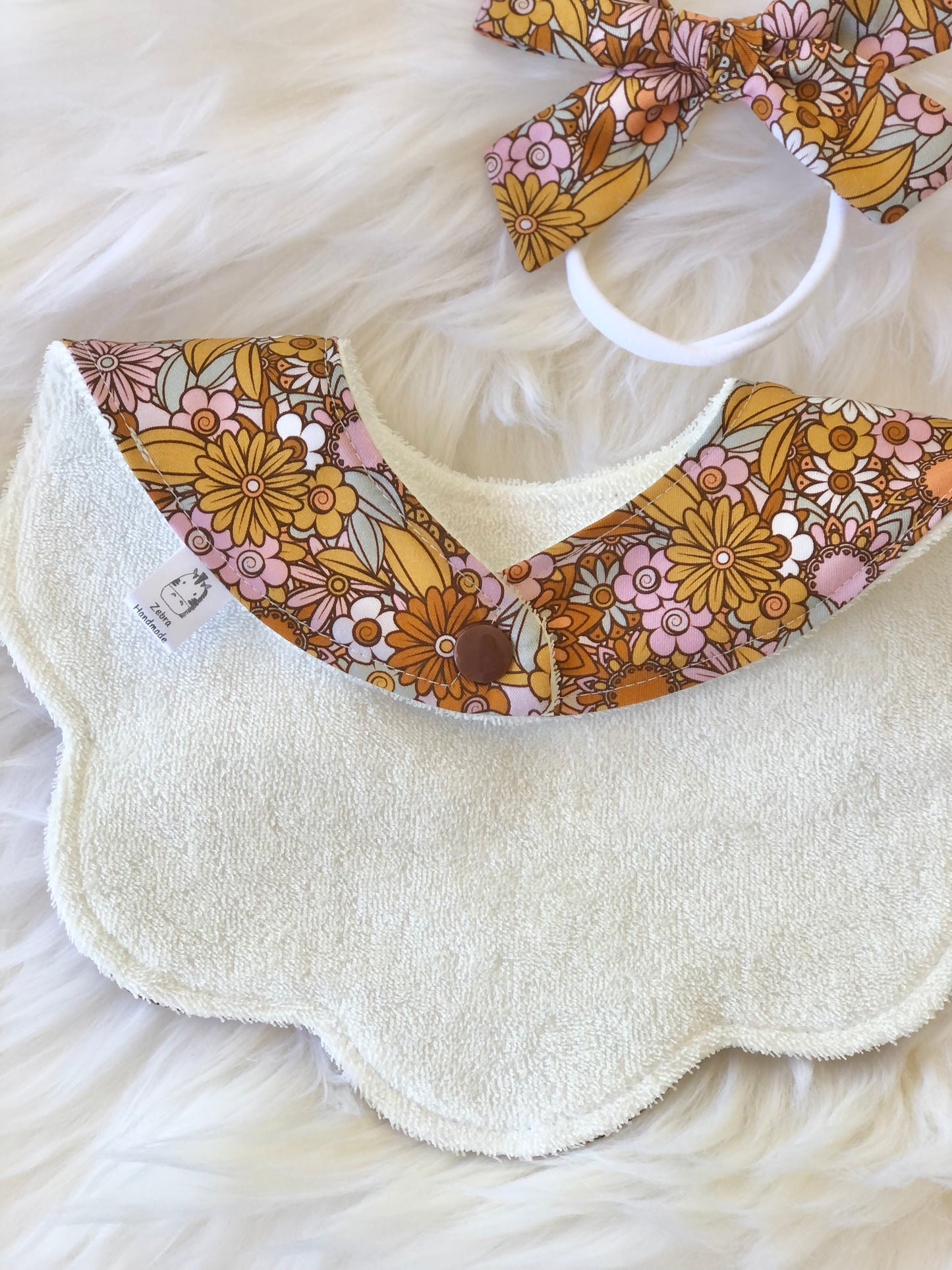 Adorable Baby Girl Bib, Scalloped Style Bib: Brown Floral