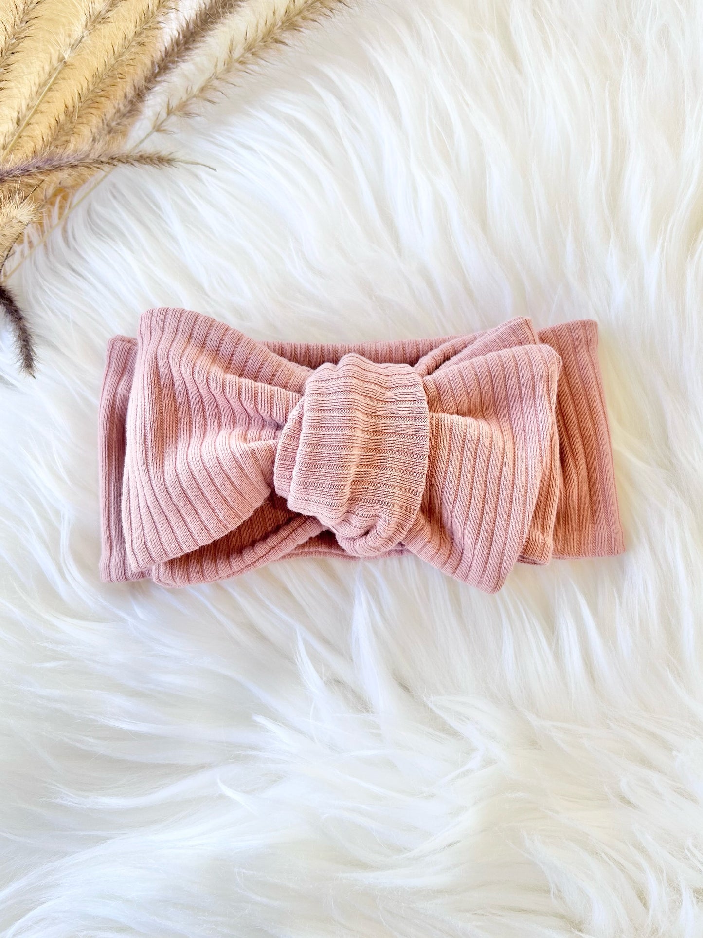 Oversized Bow Headband, Top Knots, Baby Girl Bow: Ribbed knit dusty pink