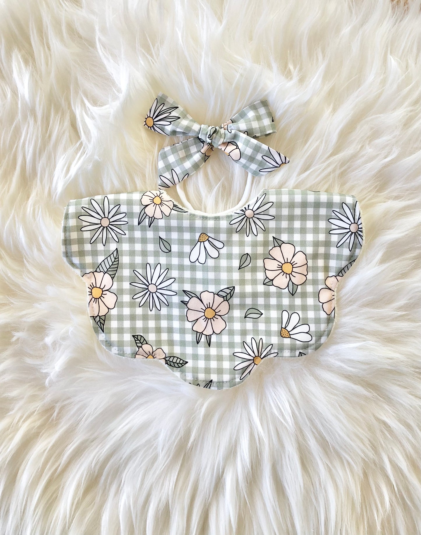 Adorable Baby Girl Bib, Scalloped Style Bib: Sage Gingham Floral