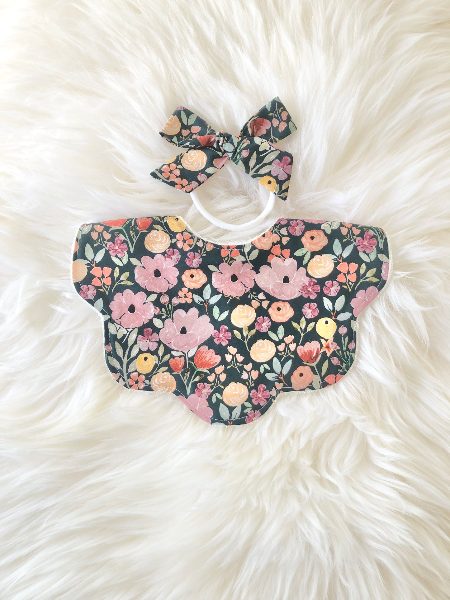 Adorable Baby Girl Bib, Scalloped Style Bib: Dark Floral