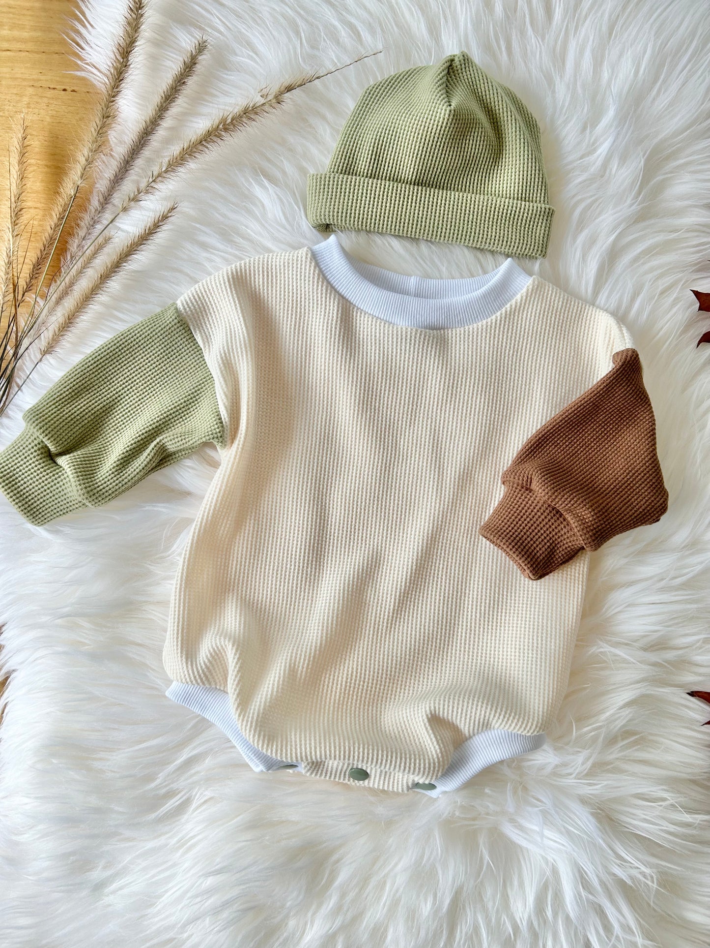 Sweater Romper - Waffle Knit Sage/Brown