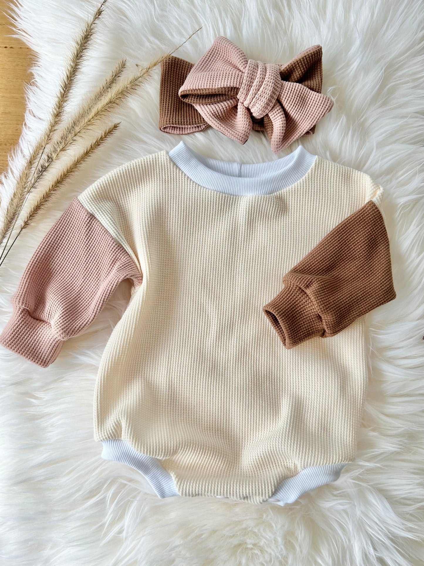 Sweater Romper - Waffle Knit Dusty Rose/Brown